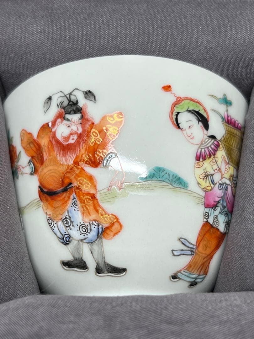 中国古美術 古磁 玩玉在銘 湯呑み 6点セット 手描き 細工粉彩 茶道具 箱付き