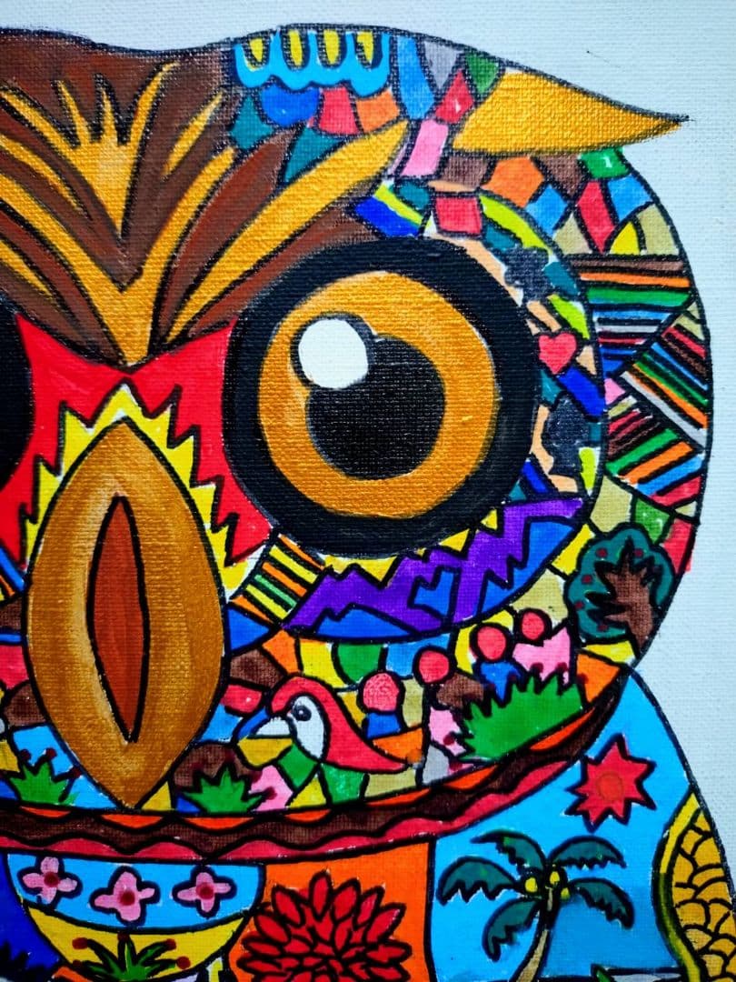 【F6号】ジミー大西【森フクロウ】手描き/表裏サイン/油彩/アクリル/絵画/額縁