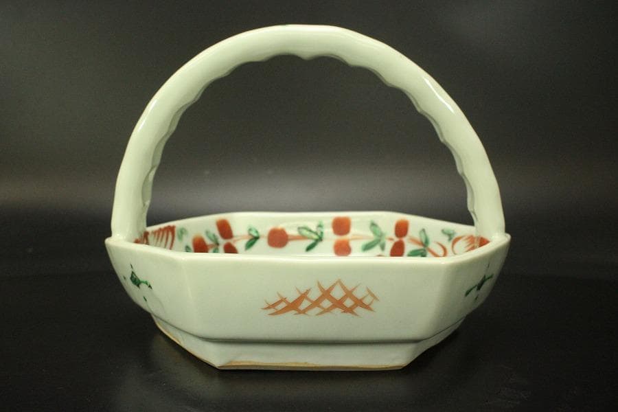 奥田穎川写 赤絵 手付鉢 三浦竹泉作 在印(ZE614)