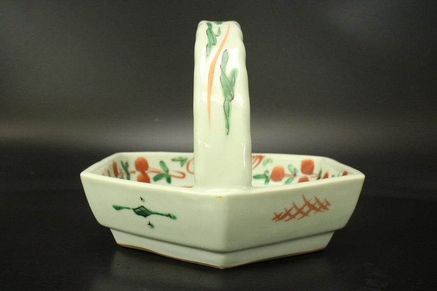 奥田穎川写 赤絵 手付鉢 三浦竹泉作 在印(ZE614)