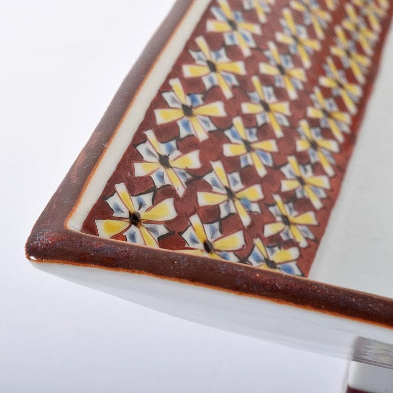 九谷焼　武腰潤作　色絵夏蟹更紗文　四方台皿　共布共箱　Y　R8415B