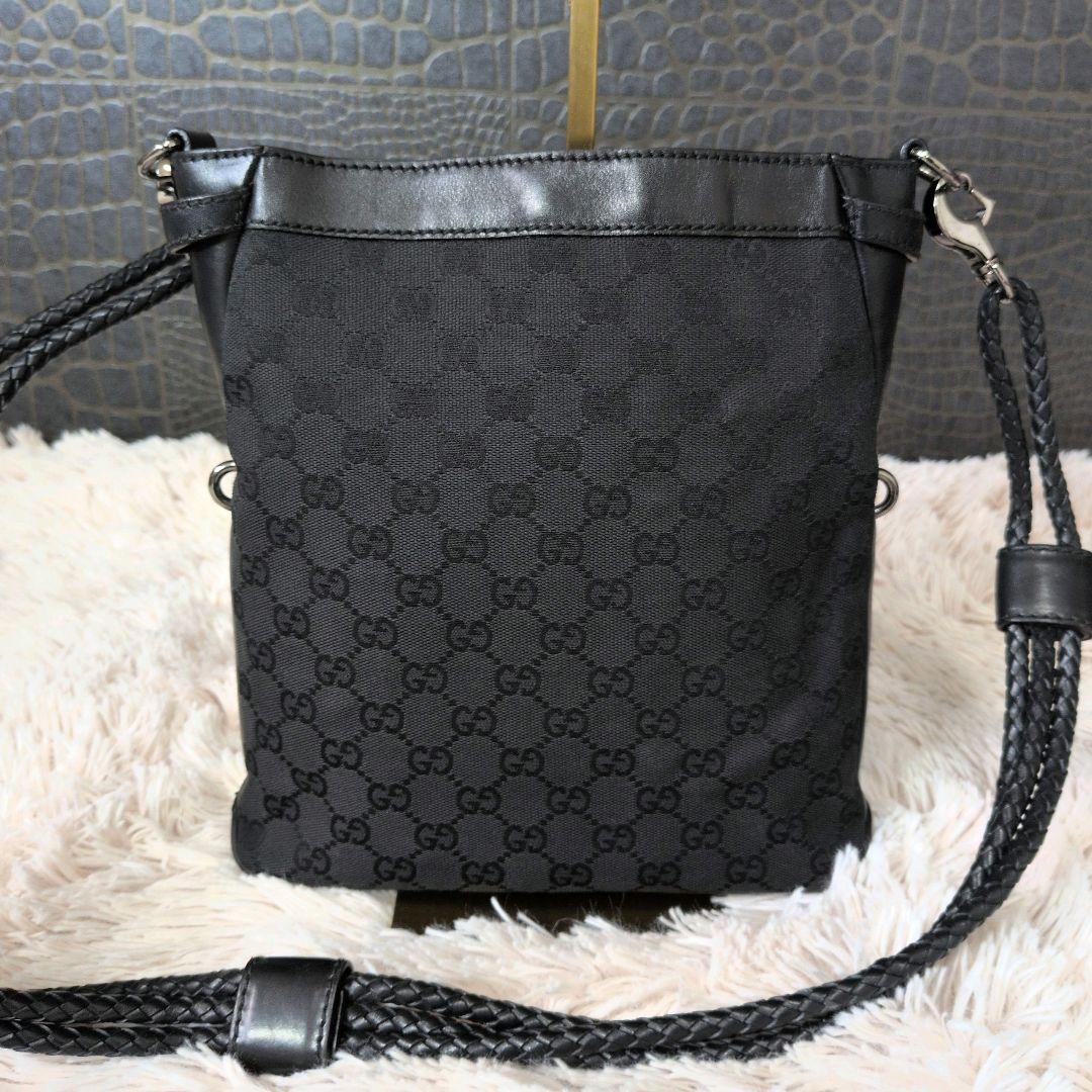 【良品】GUCCI グッチ ショルダーバッグ キャンバス レザー 黒