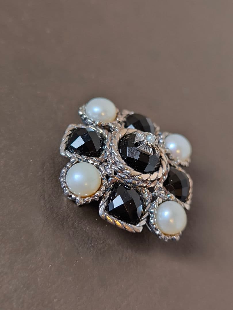 碌山 ロクザン ヴィンテージ オニキス パール シルバーブローチ 925