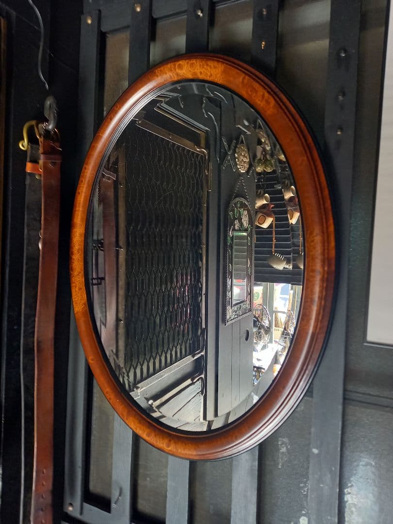 イタリア製　ヴィンテージ　大型　オーバル　ウッド　壁掛け鏡　ウォール　ミラー