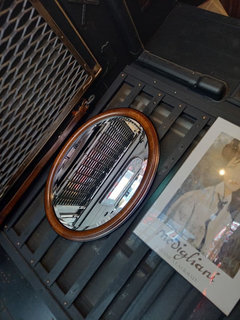 イタリア製　ヴィンテージ　大型　オーバル　ウッド　壁掛け鏡　ウォール　ミラー