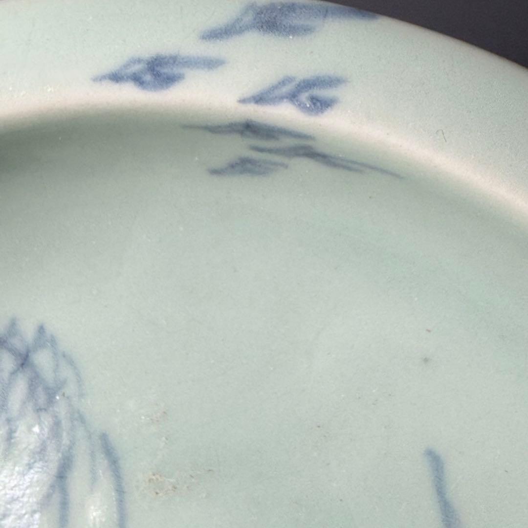 盛期鍋島　青磁染付柳竹垣文高台五寸皿　共箱　直径14.5cm　状態◎　蒐集家旧蔵