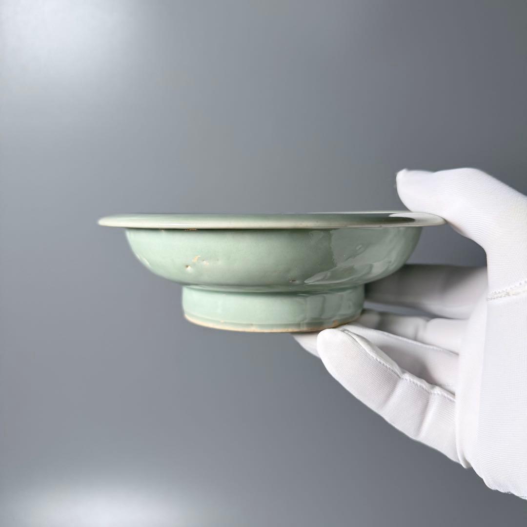 盛期鍋島　青磁染付柳竹垣文高台五寸皿　共箱　直径14.5cm　状態◎　蒐集家旧蔵