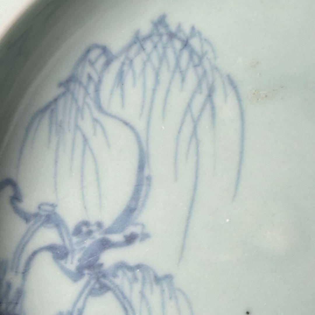 盛期鍋島　青磁染付柳竹垣文高台五寸皿　共箱　直径14.5cm　状態◎　蒐集家旧蔵