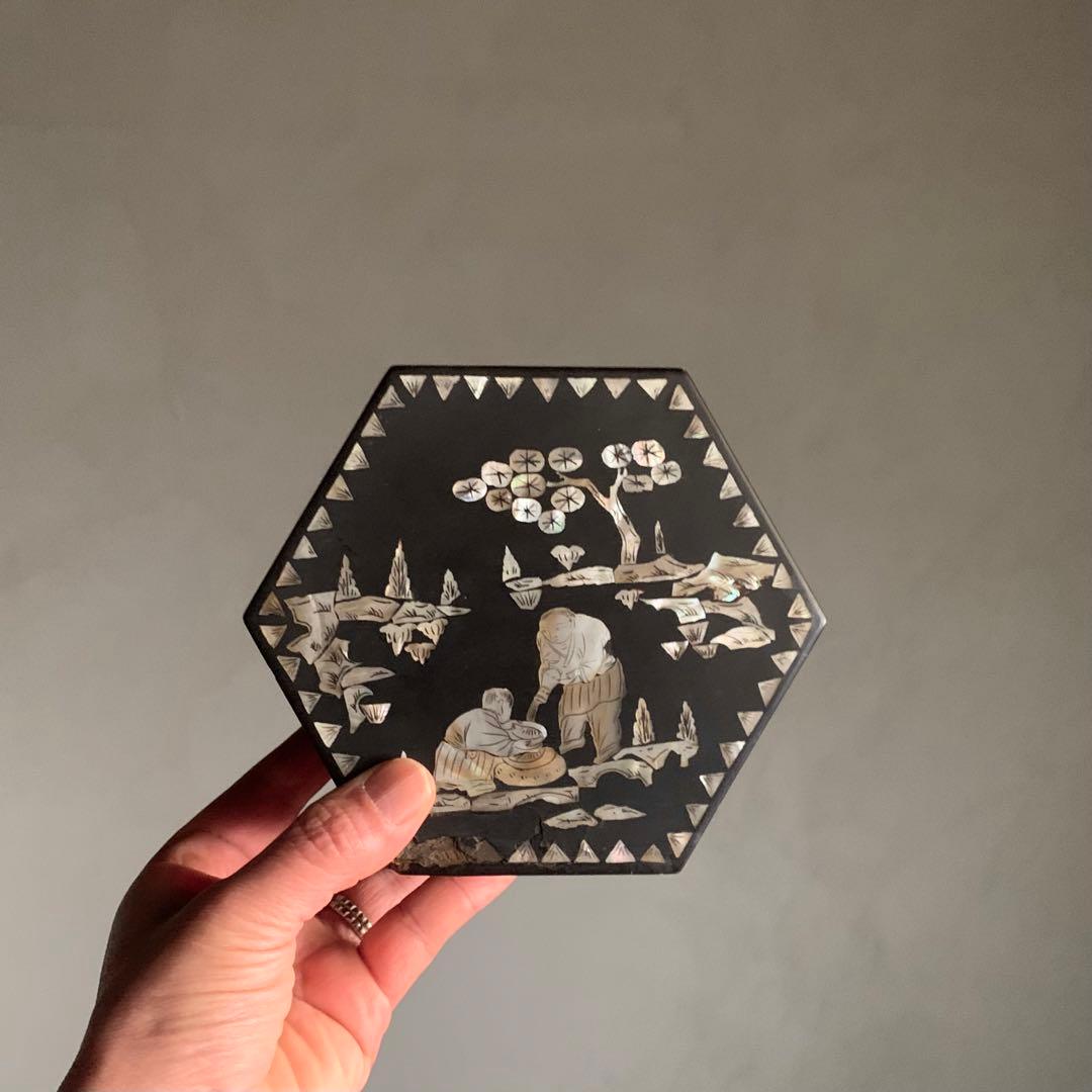 李朝 螺鈿 六角 蓋物 朝鮮美術 古美術 古道具 アンティーク