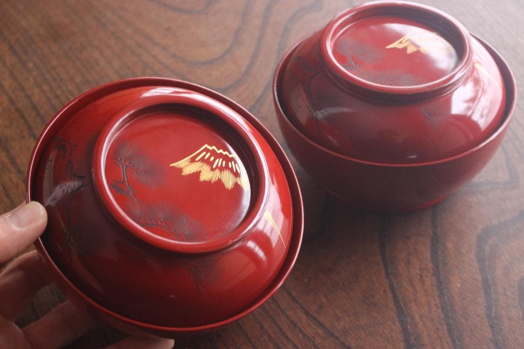 保管傷有！時代朱漆に風情ある富士松沈金の映えるお椀2点（検輪島塗蒔絵椀煮物椀