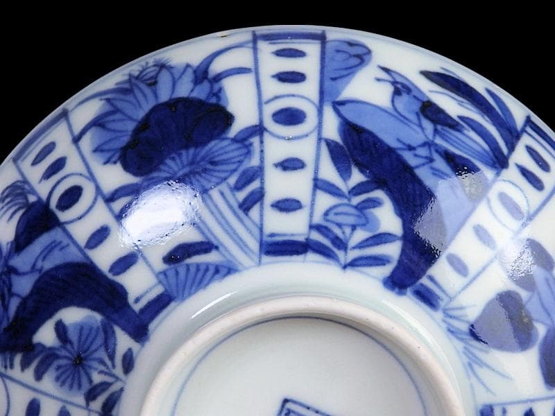 古伊万里　染付　芙蓉手　花鳥紋の図　大振蓋茶碗　F319AS-CXz