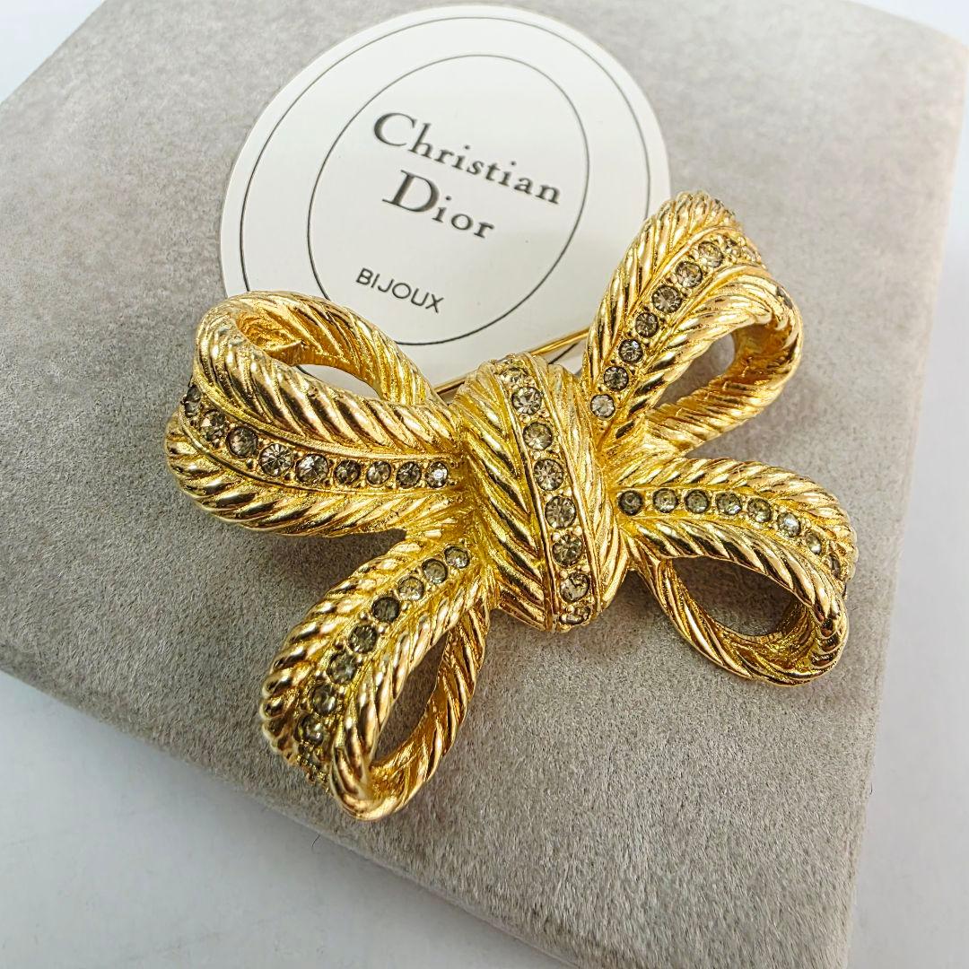 Dior クリスチャンディオール リボン ブローチ ゴールド ラインストーン