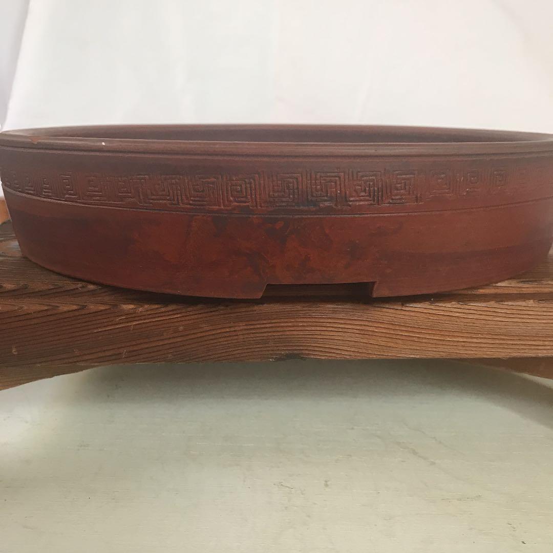 盆栽鉢　美しい紅泥朱泥骨董盆栽鉢落款有豊林丸鉢25cm✖️5cm雷文山野草南蛮鉢