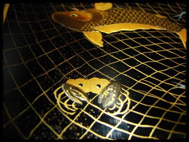 時代物 網魚蒔絵手付盆 菓子器 茶道具 c522