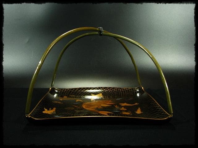 時代物 網魚蒔絵手付盆 菓子器 茶道具 c522