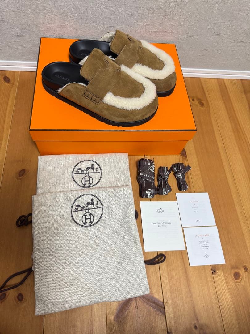 エルメス サンダル 37.5 ミュール ゴー ムートン ブラウン 24.5cm