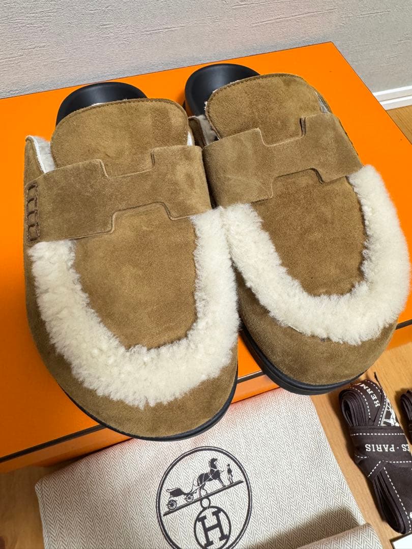 エルメス サンダル 37.5 ミュール ゴー ムートン ブラウン 24.5cm