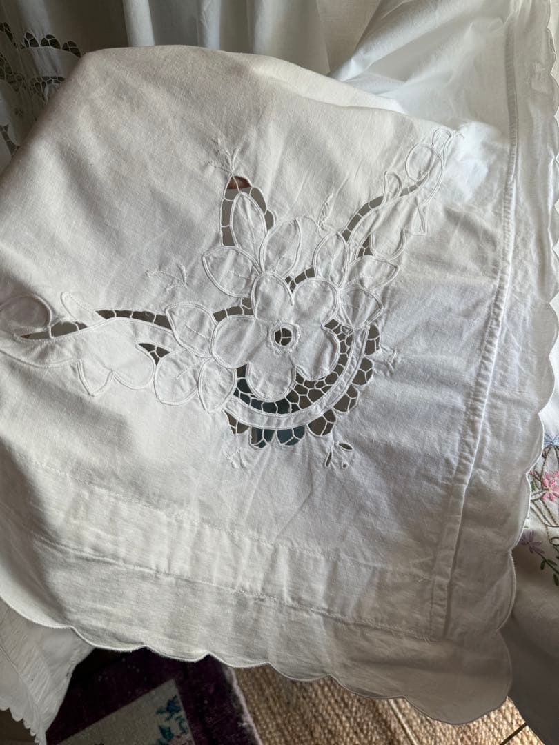 SALE❣️レア♡フランスアンティークஐ花刺繍のホワイトカーテンஐ⋆大判