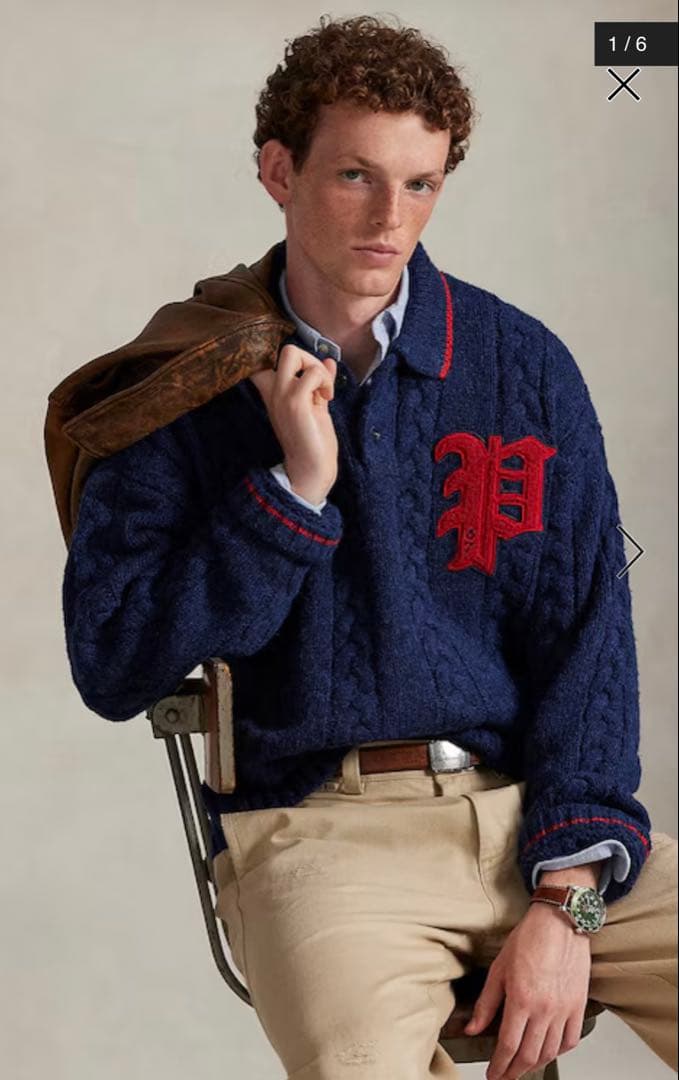 ラルフローレン ケーブルニット ポロカラー レター セーター　S