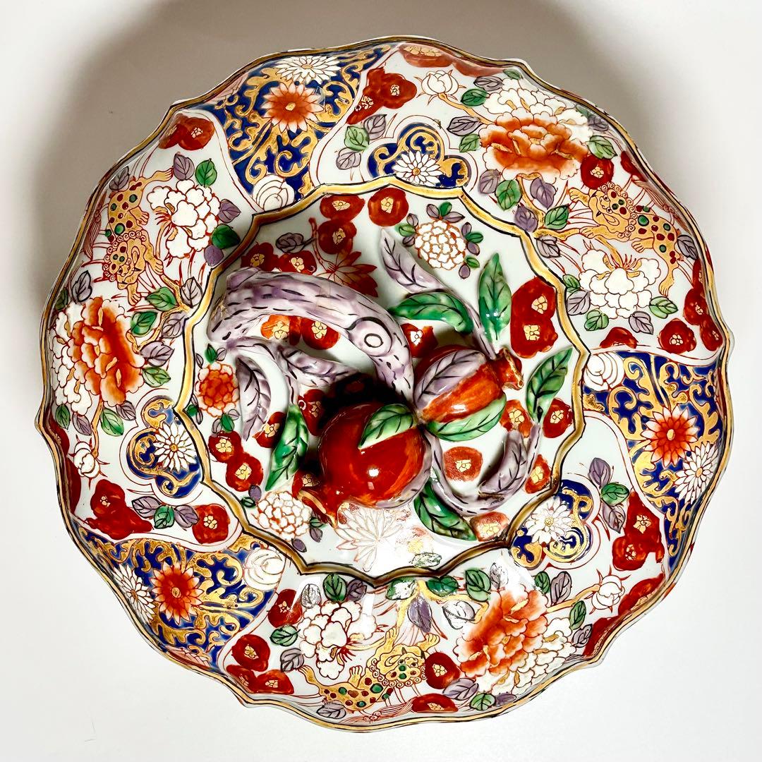 華榮堂 清朝末期 稀少品 広彩色絵 石榴摘蓋付大鉢 伊万里写 中国磁器