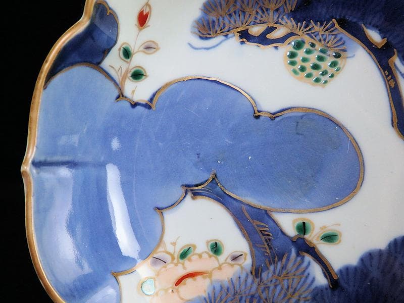 古伊万里　染付　三蓋松に牡丹の図　大膾皿　２客　江戸期　B231AS-CAj