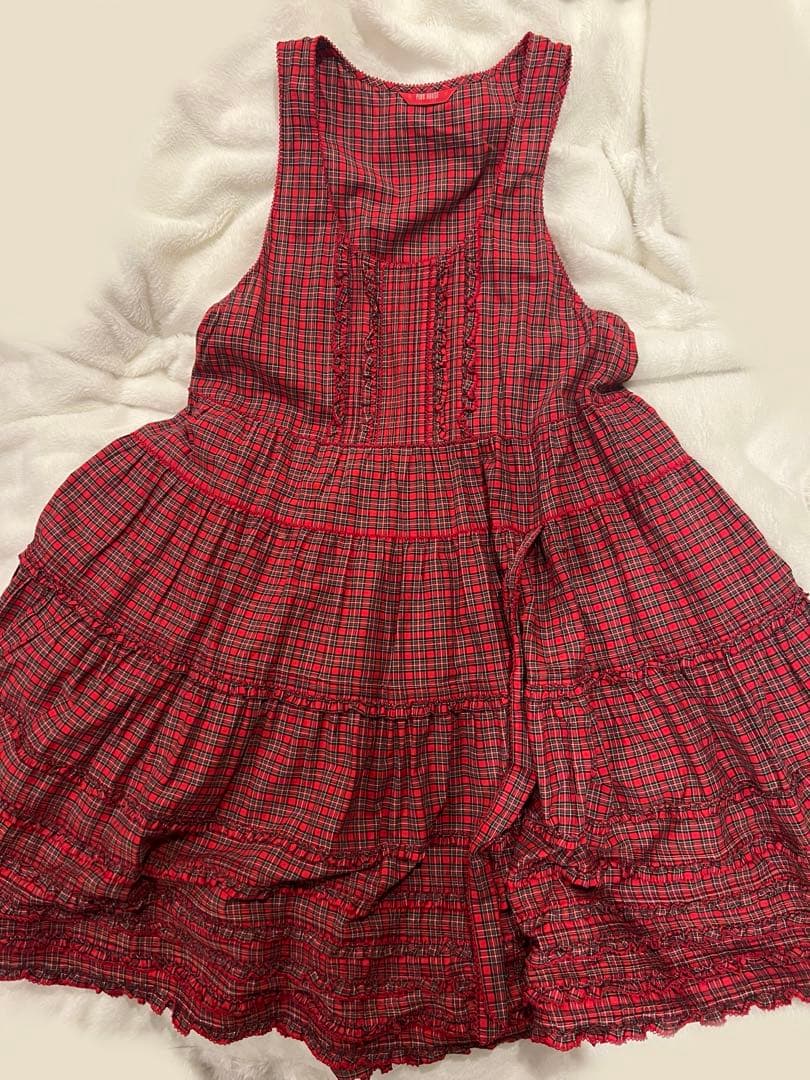 ピンクハウス　たくしあげ　タータンチェック　ワンピース　赤