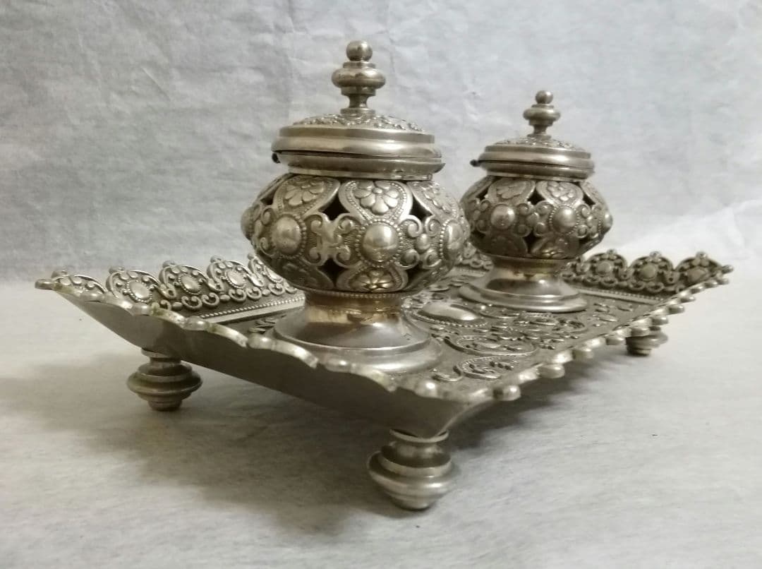 逸品　ナポレオン三世　フランス　真鍮製　ダブルインクポット　トレー　アンティーク