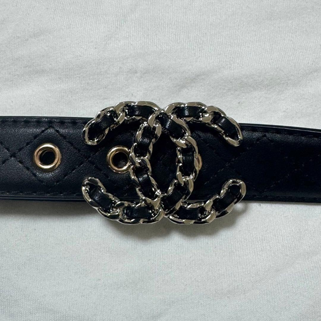 CHANEL 黒 キルティング ベルト　シルバー