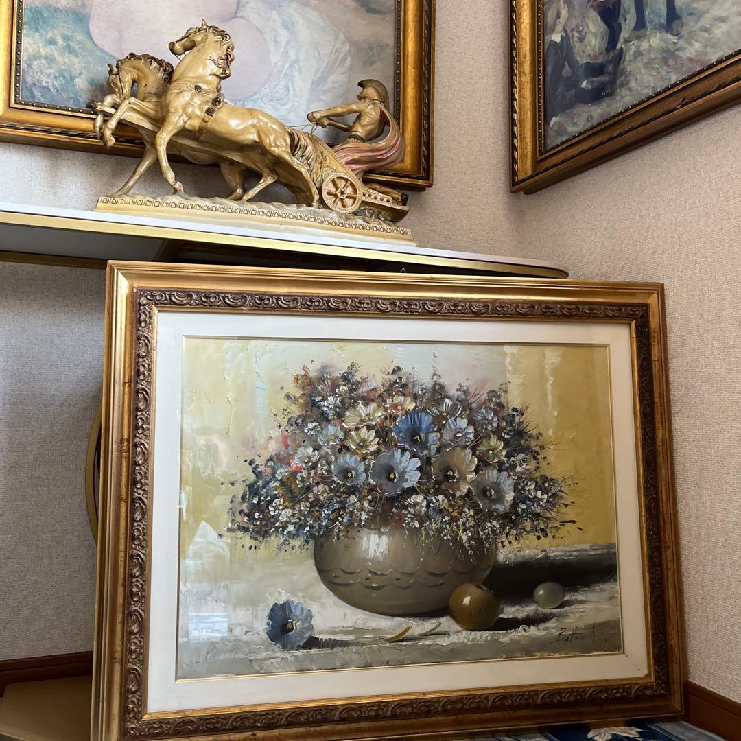 【更に値下げしました】花瓶の花 油彩画 大きめ 金色フレーム