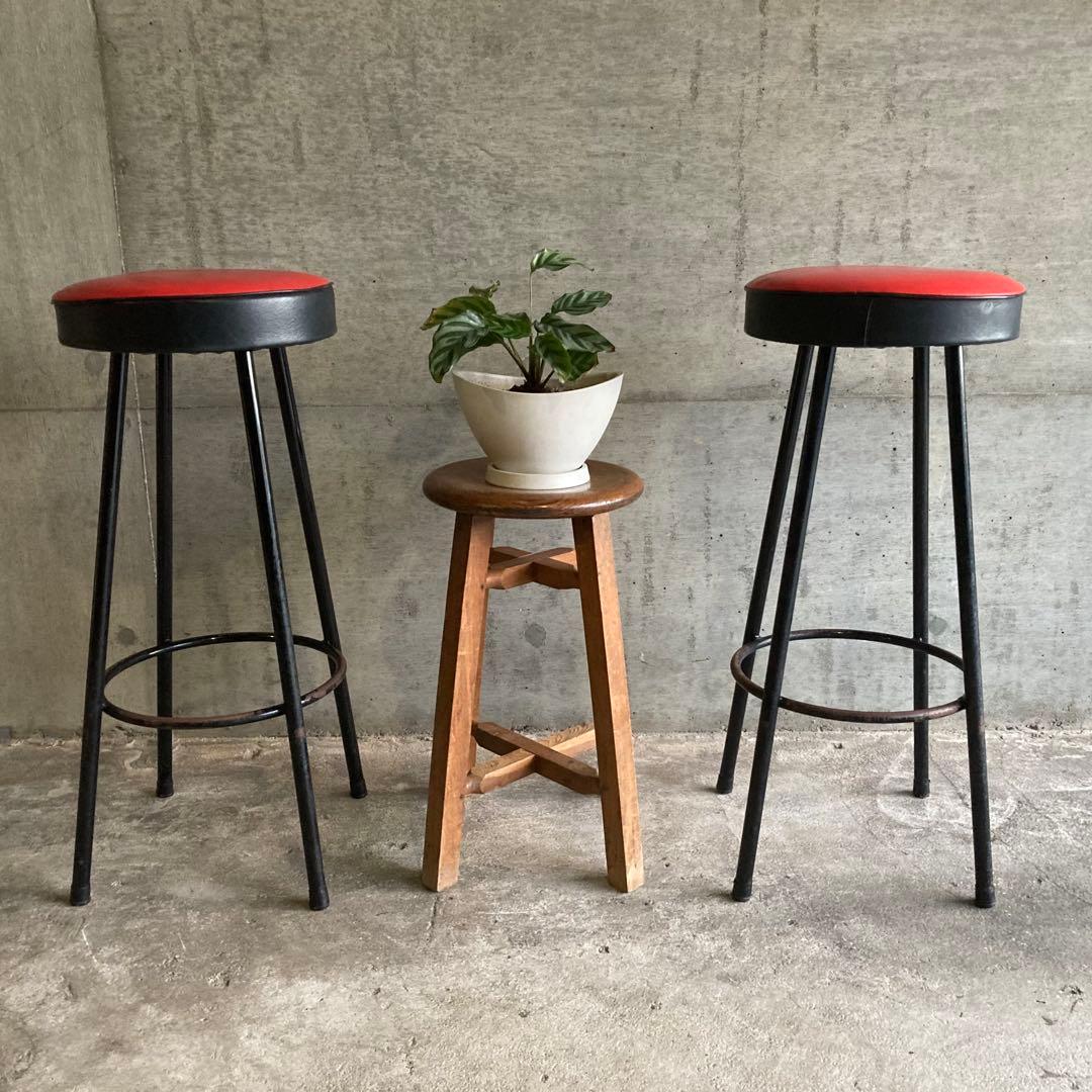ハイスツール 丸椅子 チェア 鉄脚 アイアン 食堂 赤黒 2脚 ポップ レトロ