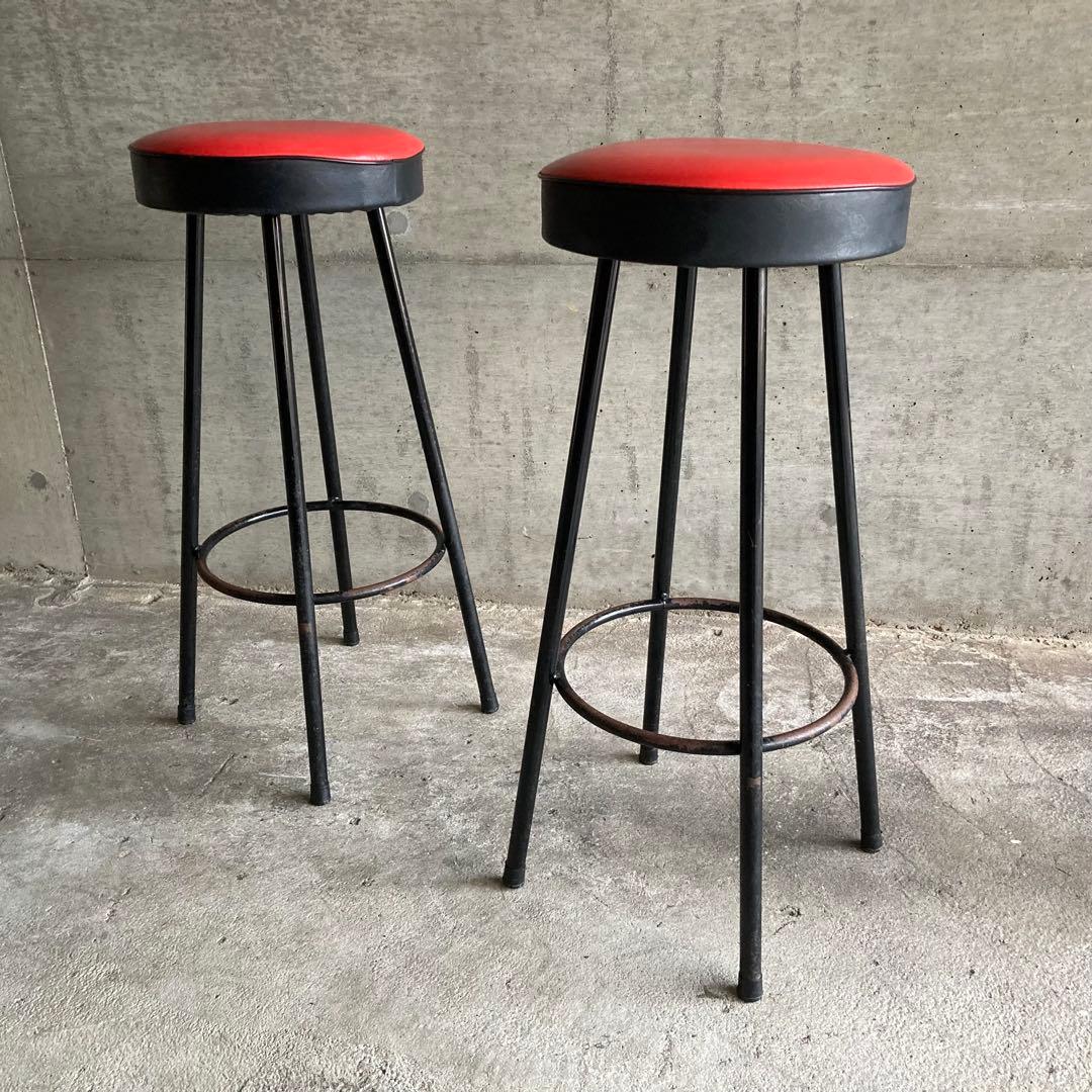 ハイスツール 丸椅子 チェア 鉄脚 アイアン 食堂 赤黒 2脚 ポップ レトロ