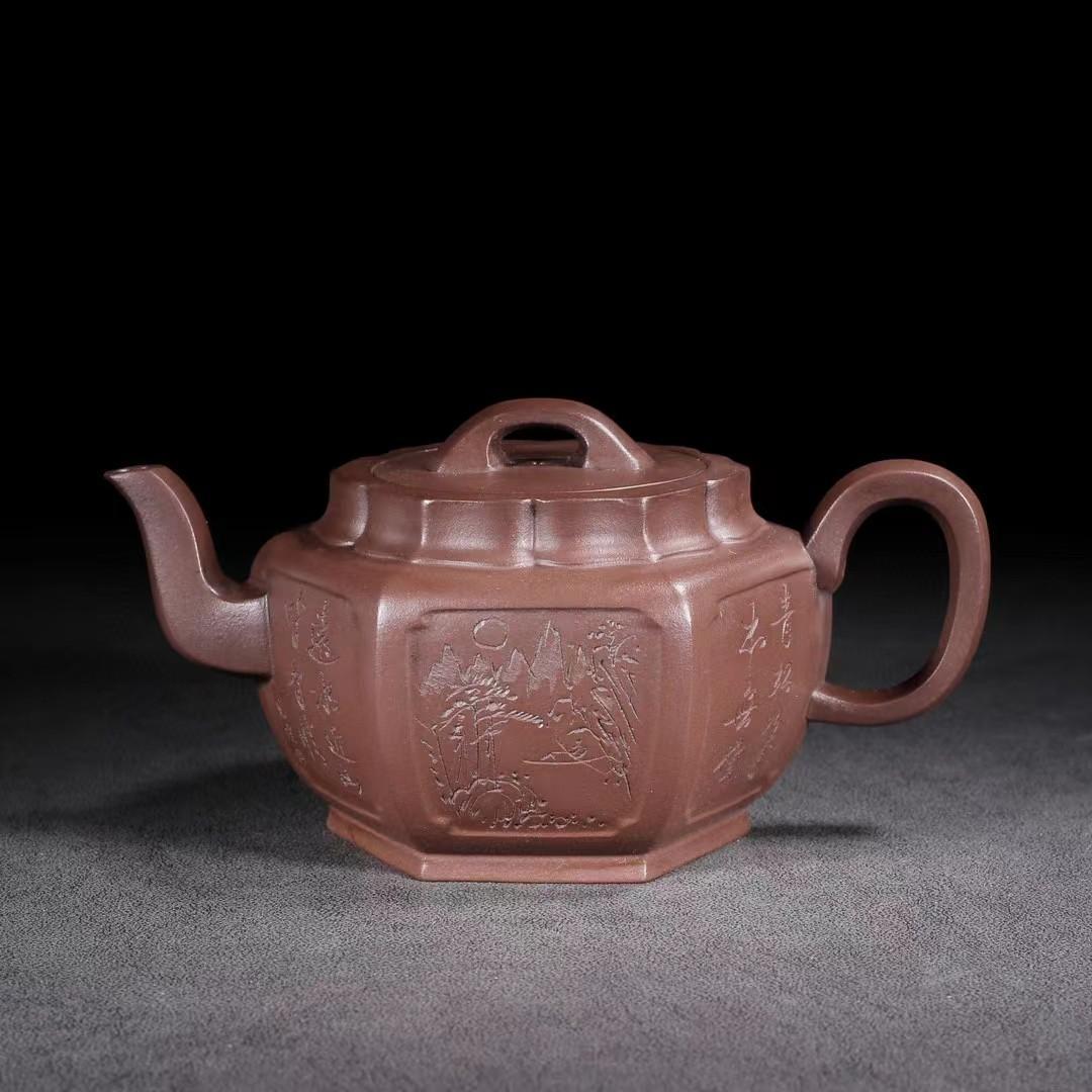 中国古美術・六角紫砂壺・ 底款:范大生・宜興原鉱・紫泥急須・茶壺・茶道具・置物