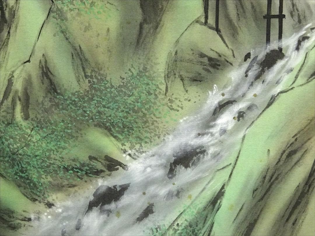 【真作】掛軸 加茂敬山『彩色山水』絹本 肉筆 共箱付 掛け軸 g08266