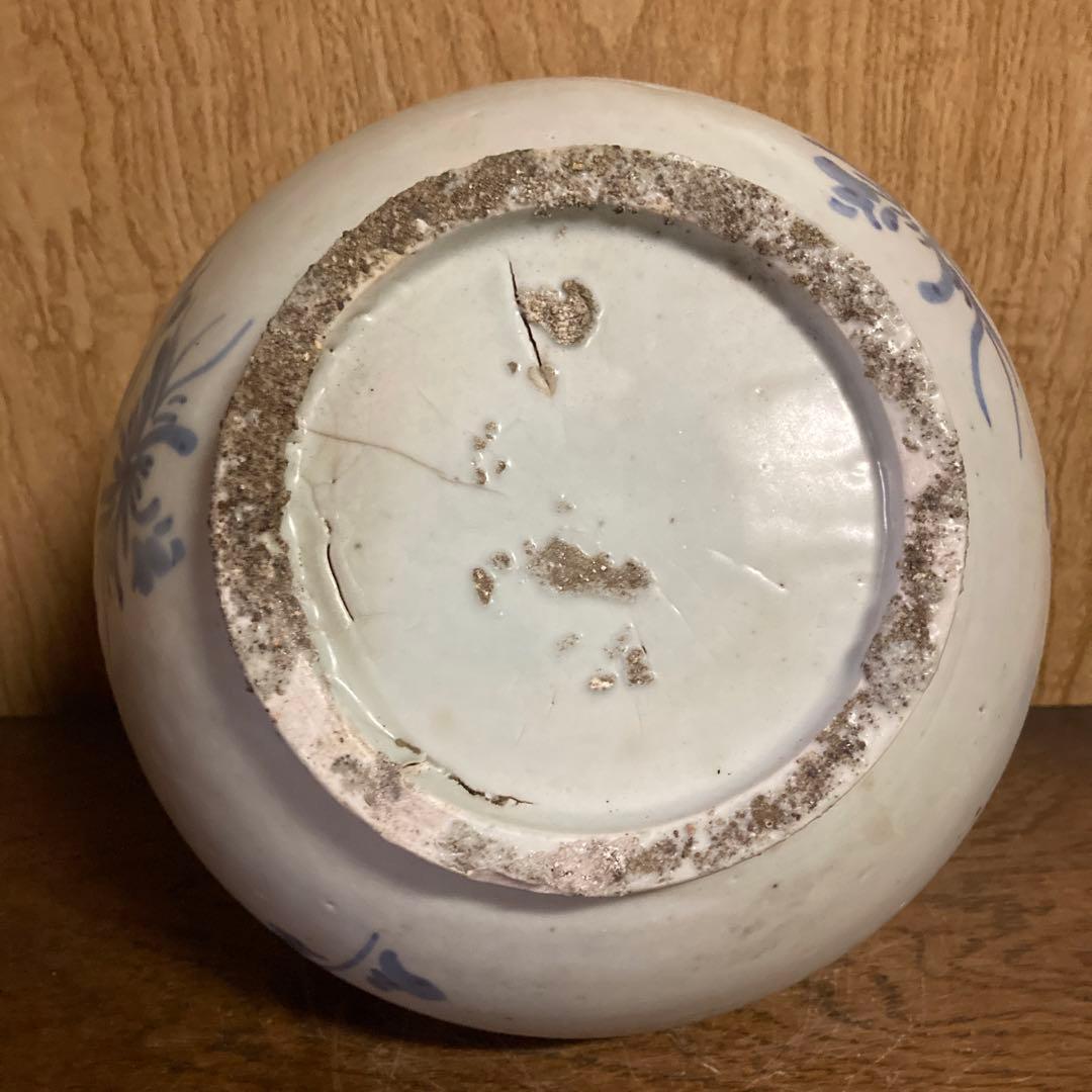 李朝　染付　壺　草花図