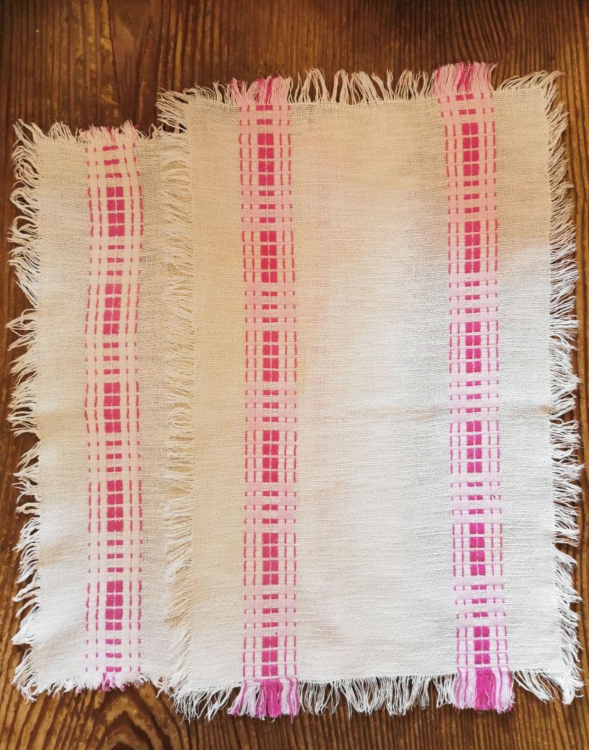 ヴィンテージフランス ラズベリー＆桜ピンク織刺繍 テーブルマット リネンランナー