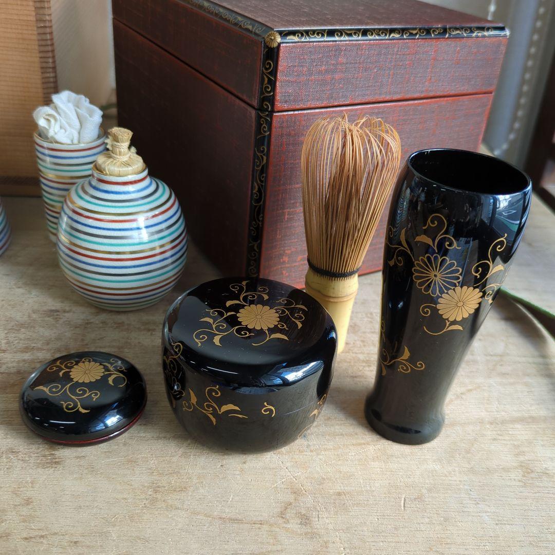 茶箱　布摺漆　唐草蒔絵　 茶箱お茶道具　共箱　セット　美品　木箱入　木製　漆器