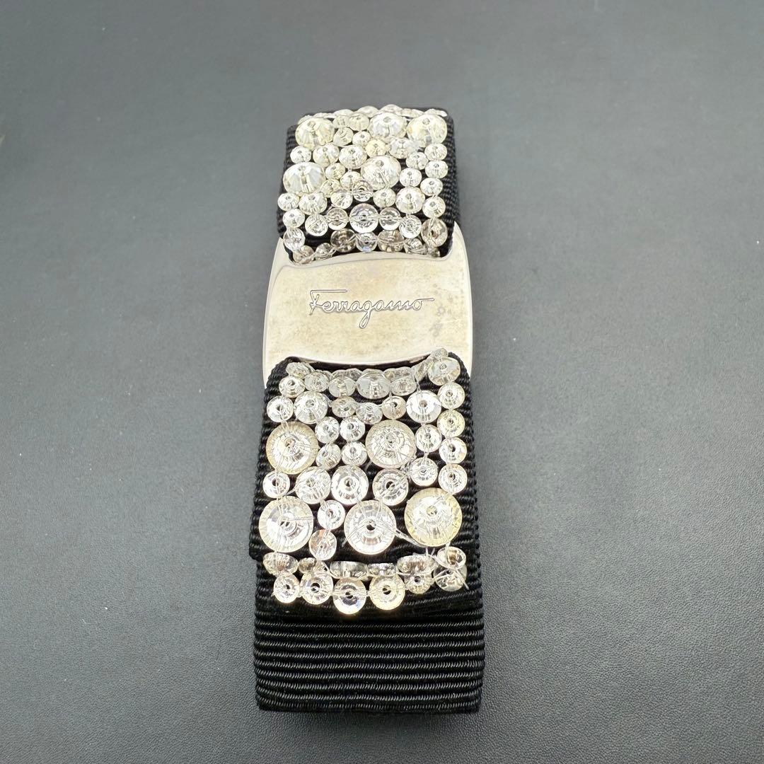 極美品✨フェラガモ バレッタ ビジュー ラインストーン シルバー リボン スワロ