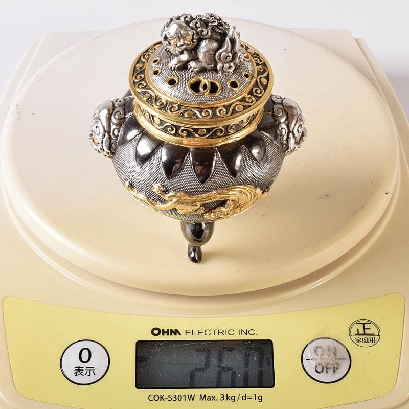 専用　高岡銅器　八代住　釘谷洞石作銀製獅子龍香炉約260g　共箱　L　R8429