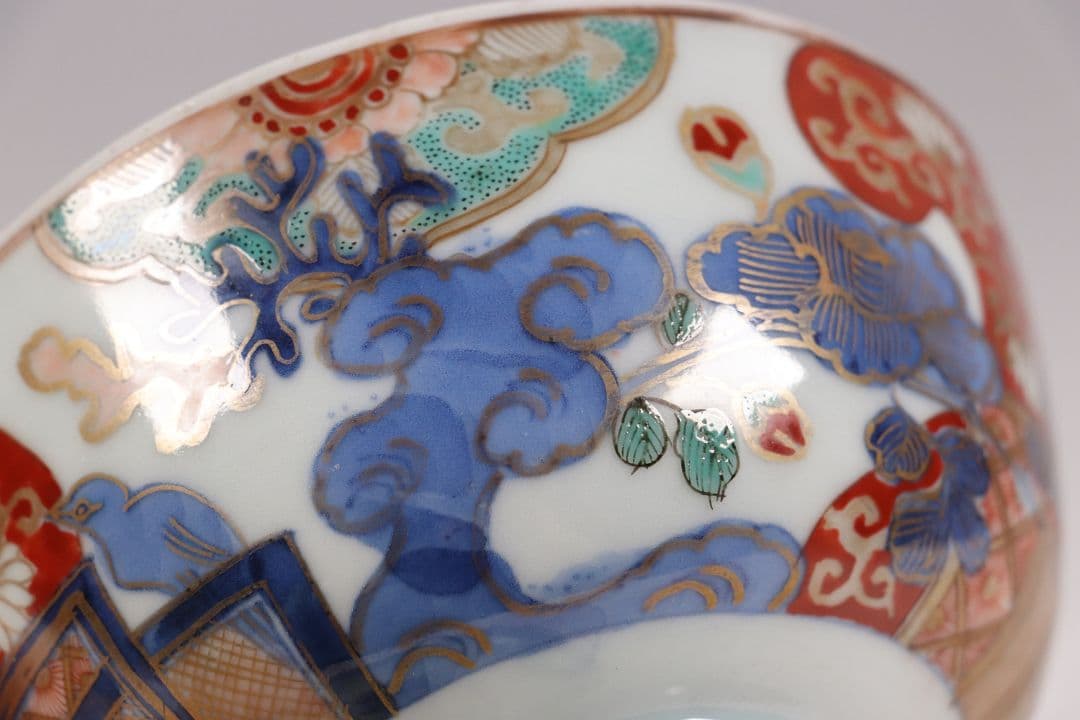 古伊万里 色絵蓋茶碗 二客 太宣年成 花鳥 錦手 染錦 赤絵 金彩 M859