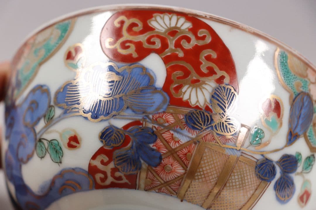 古伊万里 色絵蓋茶碗 二客 太宣年成 花鳥 錦手 染錦 赤絵 金彩 M859