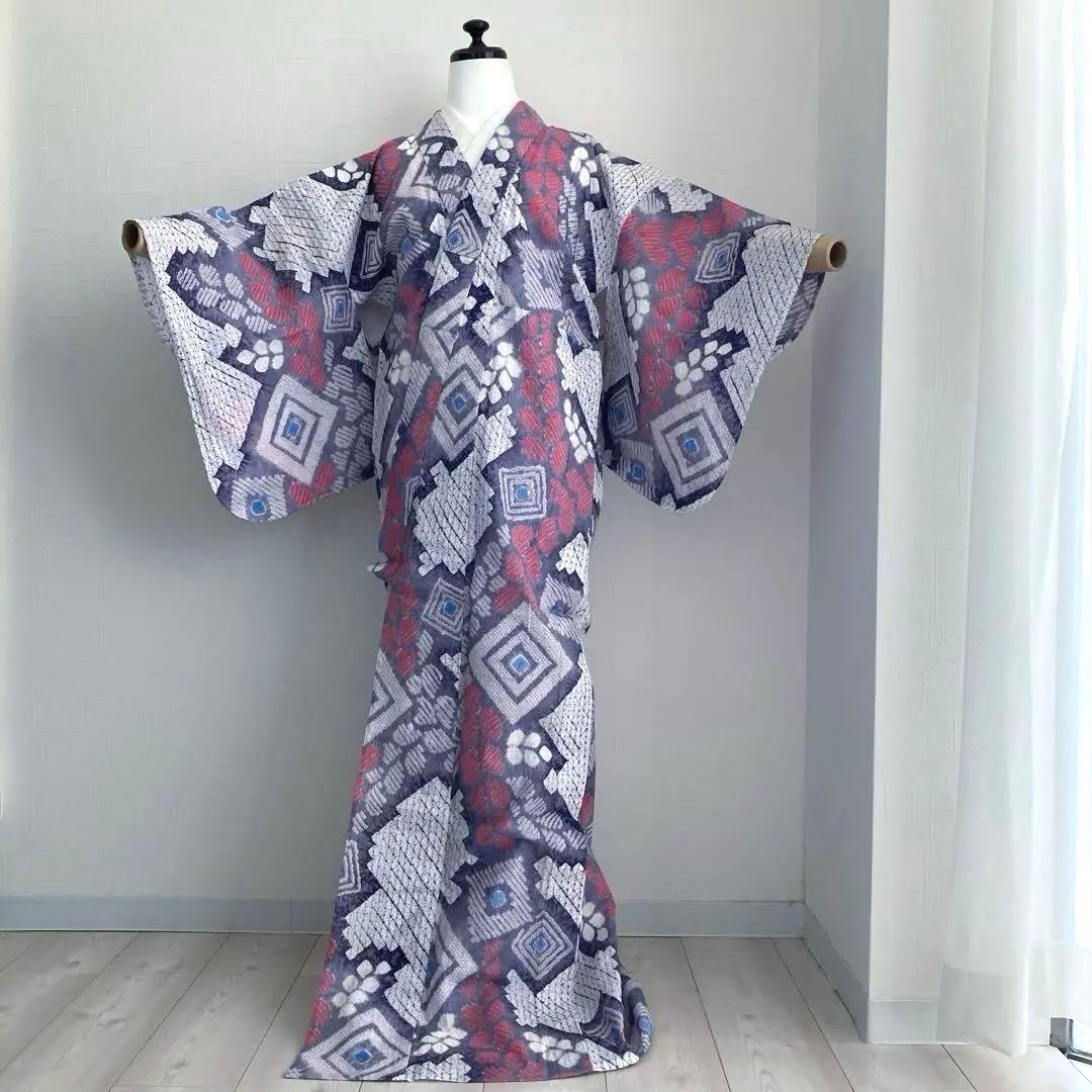 有松絞り・蜘蛛絞り　手縫い　淡いグレー　しつけ付　絞り浴衣　No.k100