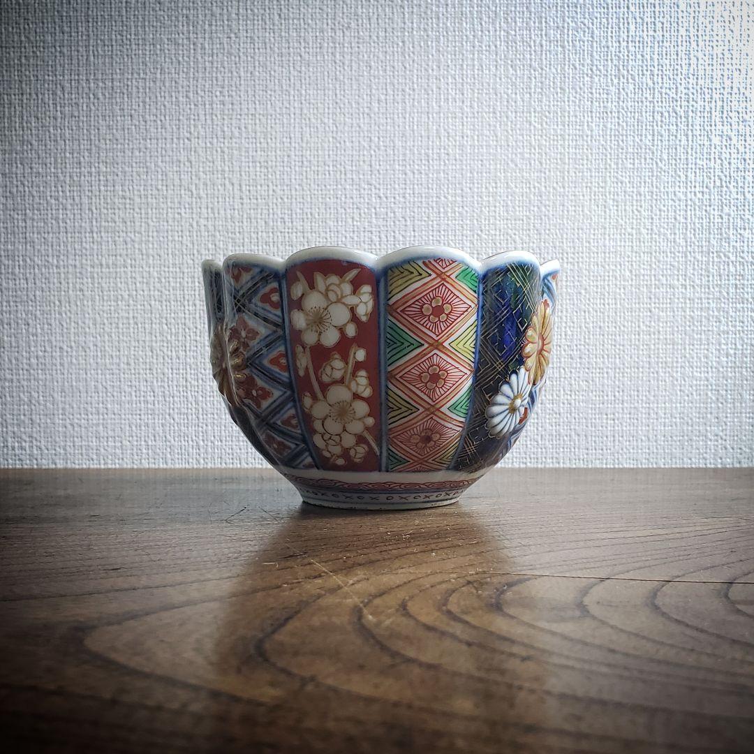 古伊万里 奇玉宝鼎之珍 金彩色絵 花草文 輪花　向付　菊　大聖寺伊万里　ニュウ