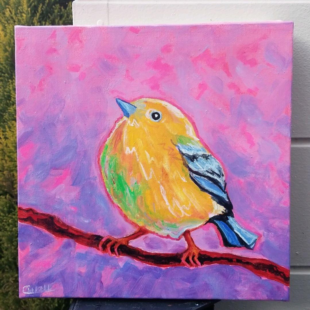 油絵　専用　朝やけに胸をはる黄色い鳥