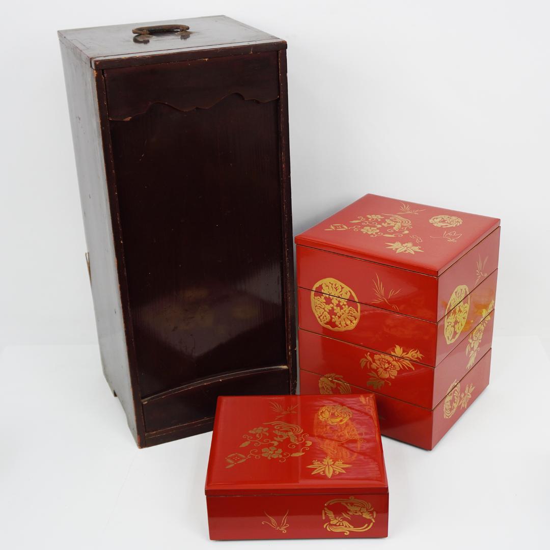 漆 蒔絵 重箱 五段 蓋2枚付き 松竹梅 縁起物 収納箱 付属