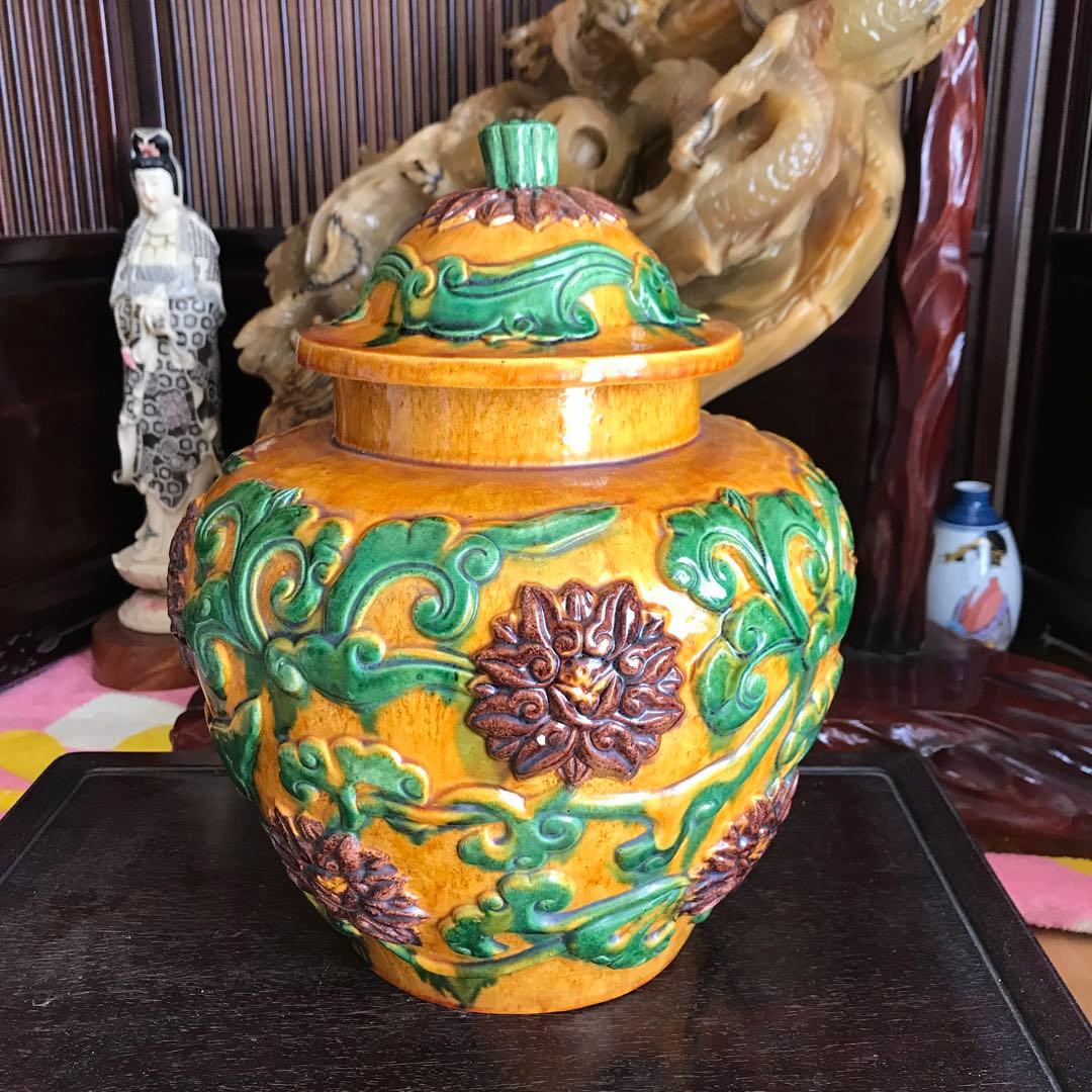 中国美術　骨董品　花瓶　壺　唐三彩　蓋付き壺　古美術　重い！6.1キロ