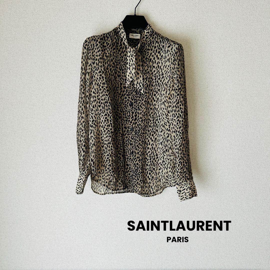 美品サンローランパリ　シルクレオパート　リボンタイブラウス　BABYCAT