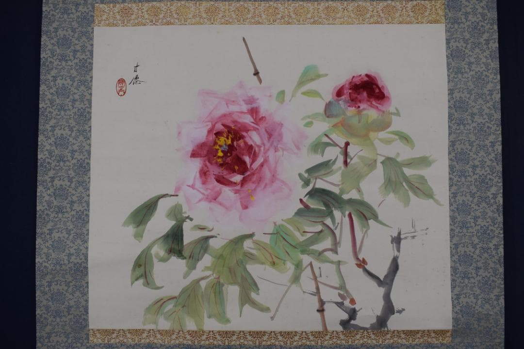 【真作】東原方僊/牡丹図/横物/掛軸☆宝船☆Z-573