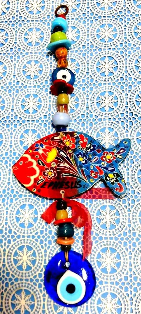 トルコ お土産 魚タイル ナザールボンジュウ壁掛け　インテリア　お守り　青目玉