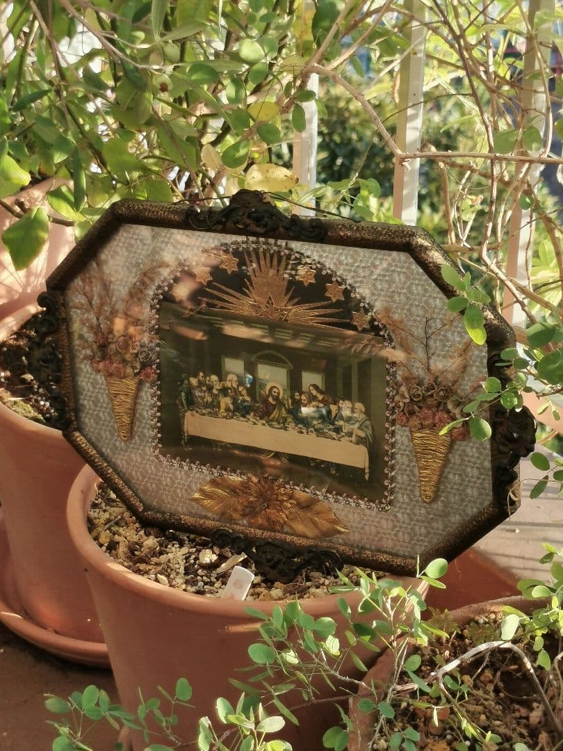 アンティーク 最後の晩餐 ドームガラス ドライフラワー オルモル装飾風銅のパネル