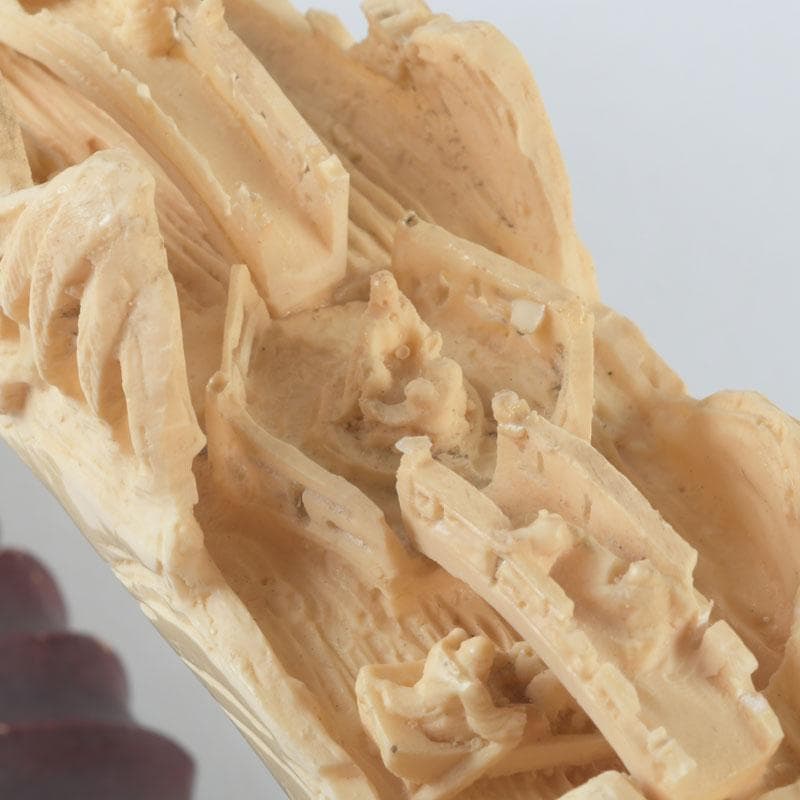 中国　河馬牙製　楼閣山水透かし雕　床飾　置物　唐木台付　V　9341